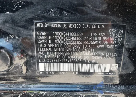 2025 Honda Hr-V Awd Sport z USA, uszkodzony, nr VIN 3CZRZ2H59SM702305